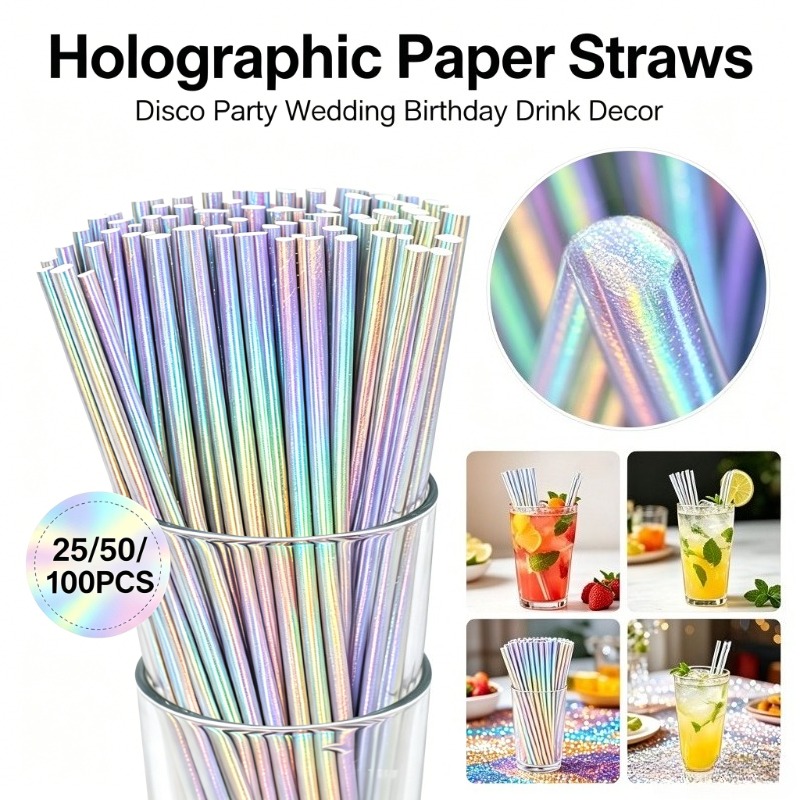 Paper Straw Color - Pajitas de papel plateadas con láser,